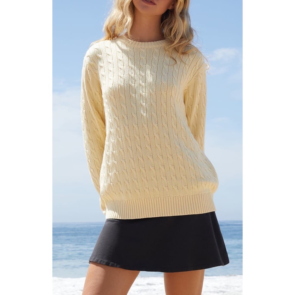 John Galt California Cable Knit Sweater Pale Lemon Yellow Crew Neck / One Size